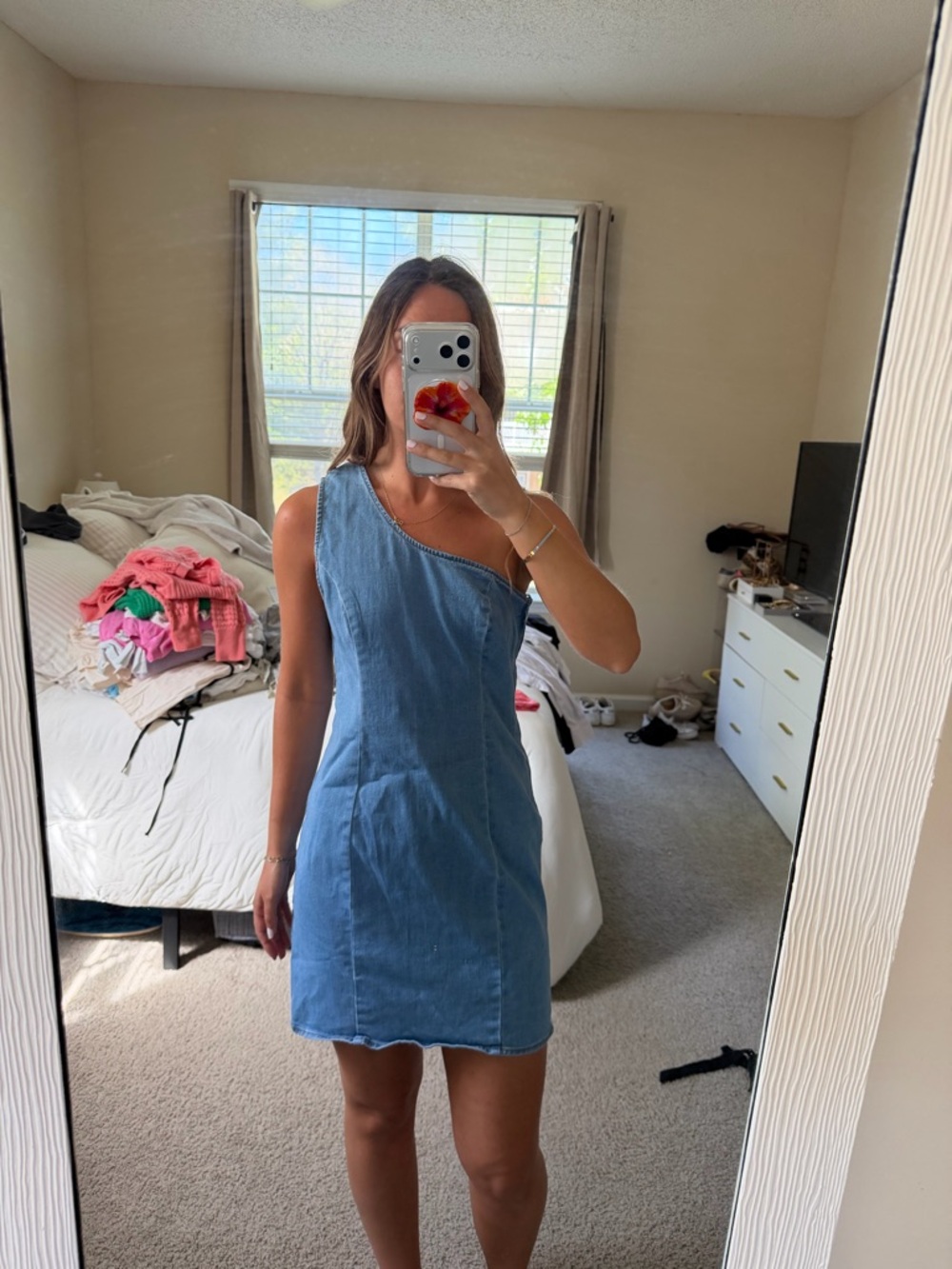 Altar'd State One-Shoulder Light Blue Denim Mini Dress